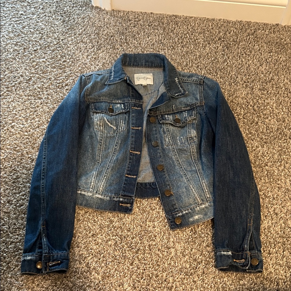 Jessica Simpson distressed Jean jacket size small neutral